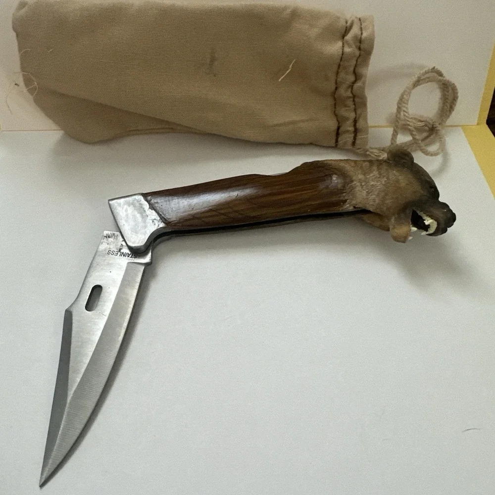 Brown Wood Mountain Lion Folding Pocketknife, Stainless Point Blade W/bag